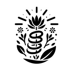 A stylized black and white illustration featuring a lotus flower atop a coiled structure, encircled by stylized leaves and flowers, radiating light.