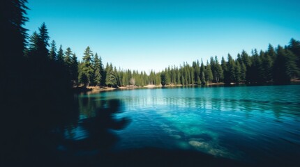 Fototapeta premium Crystal Clear Lake Surrounded by Evergreen Forest Under a Blue Sky
