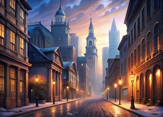 Fototapeta premium A captivating twilight scene on a cobblestone street, lined with charming historic buildings and glowing street lamps, creating a warm and inviting atmosphere under a soft, colorful sunset sky.