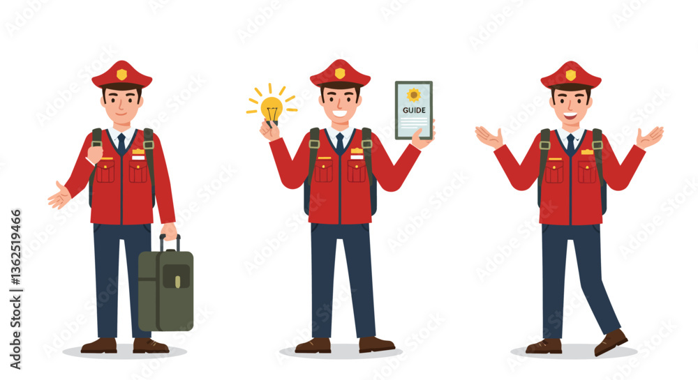 Poster character in uniform showcasing three stages of excitement in flat vector art
