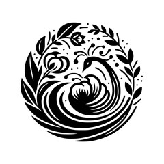 Intricate Black & White Circular Design Featuring a Stylized Bird, Flowing Water & Botanical Elements.