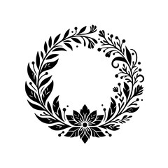 Elegant Black Floral Wreath on White Background: A Circular Arrangement of Leaves, Berries, and a Central Flower, Evoking Simplicity and Grace.