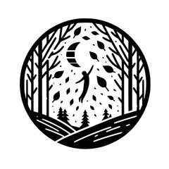 A silhouetted figure reaching for the crescent moon amidst falling leaves and trees, encapsulated in a circular frame, evoking a sense of wonder and connection to nature's beauty.