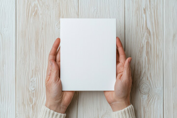Obraz premium Hands holding blank canvas on wooden surface for creative art projects