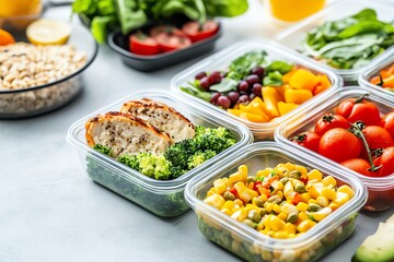 Colorful meal prep containers filled with healthy vegetables and grains.