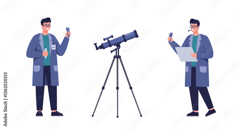 Poster scientist observing with telescope in flat vector illustration style with two distinct frames