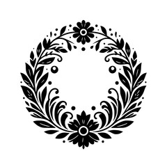 Intricate Black and White Floral Wreath on White Background, Featuring Flowers, Leaves, and Decorative Swirls, a Symbol of Elegance.
