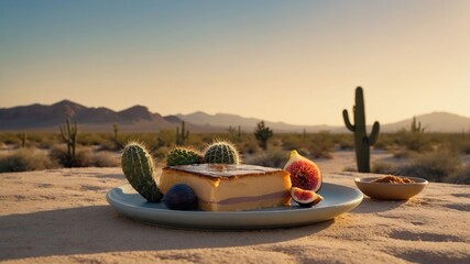 A dessert plate set in a desert landscape with cacti and mountains in the background.