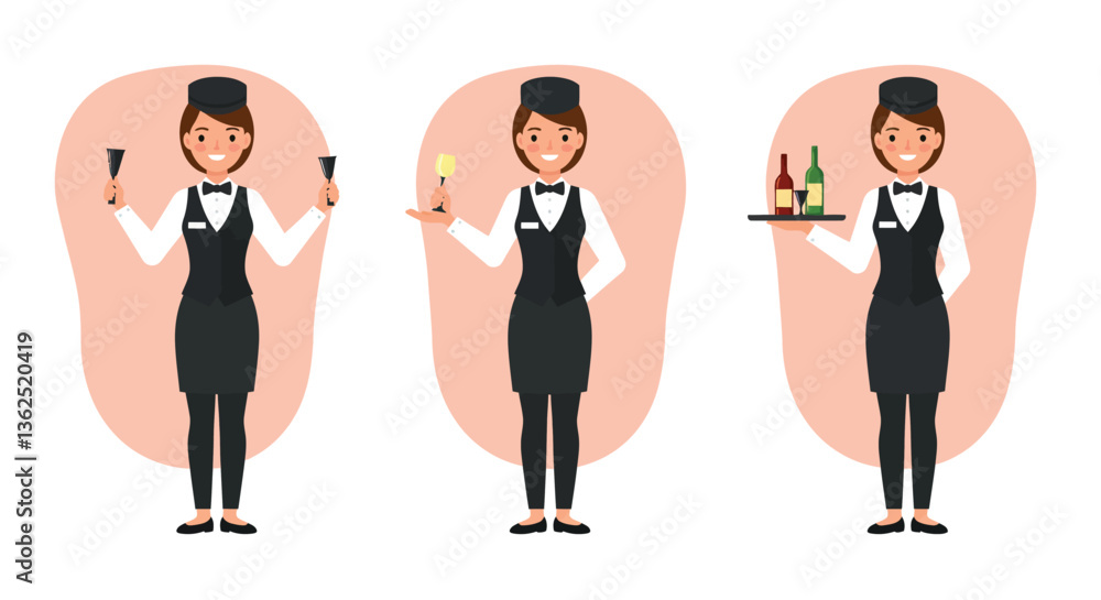 Poster waitress serving drinks in three frames with flat design style vector illustration