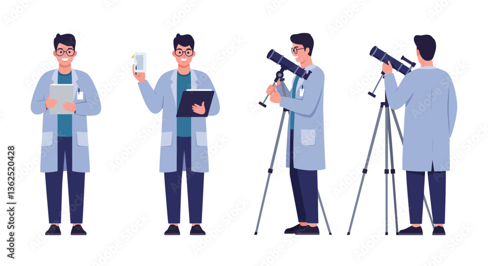 Poster scientist character in flat design transitioning from holding tablet to using telescope vector art