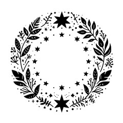 A celestial botanical wreath in a minimalist black and white style, featuring stars and stylized floral elements, creating a circular decorative frame.