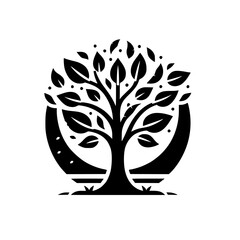 A minimalist, stylized, black and white tree logo, with symmetrical design, inside a circular frame, representing growth, life, and nature on a white background.
