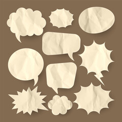 Crumpled brown paper comic speech bubbles. Hand drawn retro cartoon stickers. Pop art style. Old, vintage dialog boxes with cardboard texture. Vector illustration