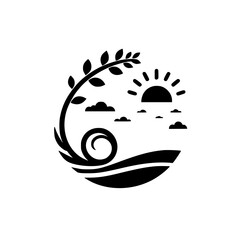 Elegant black and white minimalist illustration of a stylized landscape featuring a curved branch, sun, clouds, and rolling hills, representing growth and harmony.