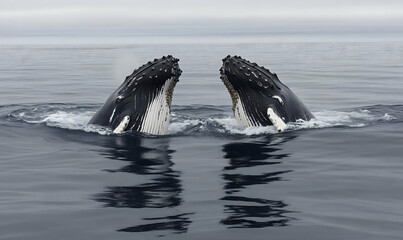 Fototapeta premium Two Humpback Whales Surface in Dark Ocean Water