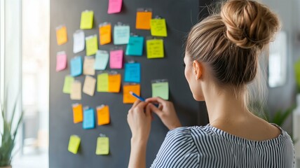 Photorealistic image of a woman planning her business strategy with sticky notes on a large wall in a stylish home office
