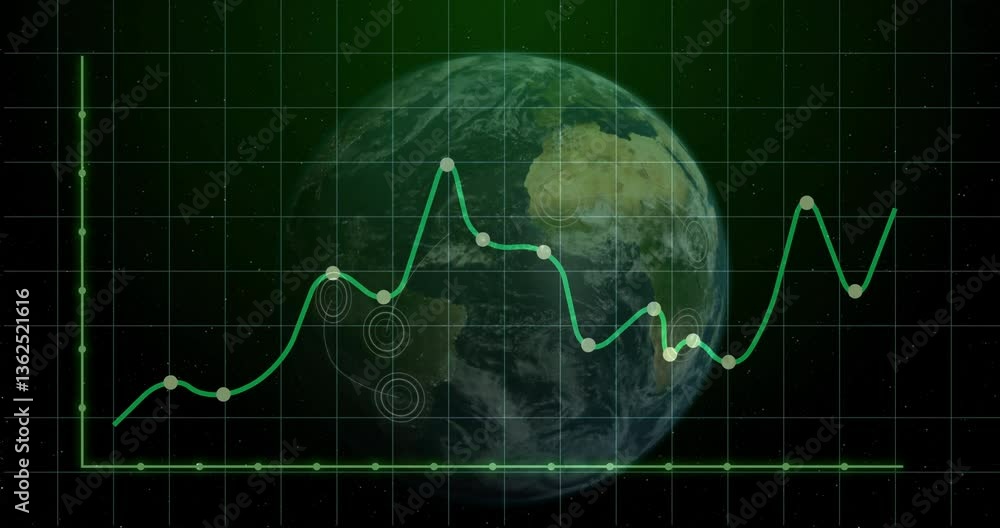 Poster graph line chart over earth animation with green grid background