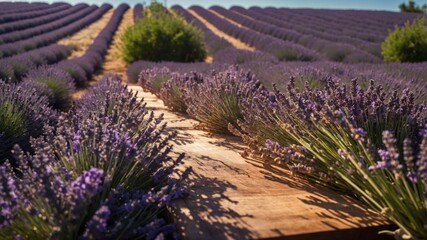 A vibrant lavender field with a wooden pathway, showcasing nature's beauty and tranquility.