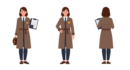 Obraz premium Female detective in three poses, flat design showcasing character development, vector illustration