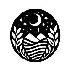 A stylized, symmetrical black and white design, within a circular frame featuring a crescent moon and stars above layered mountains and water, flanked by botanical elements.
