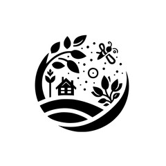 Whimsical monochrome emblem of a rural scene within a circle, featuring a stylized house, tree, bee, and stylized landscape details, evoking nature and peace.