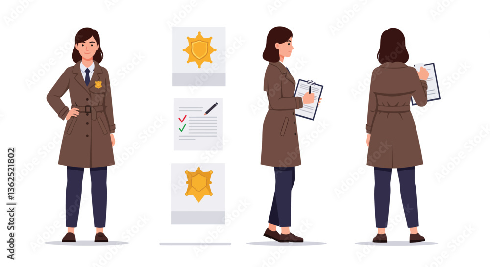 Poster police officer character design in flat style showcasing tasks in vector art
