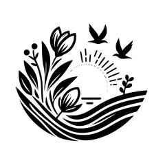 A stylized black and white illustration featuring flora, birds in flight, and a stylized sunset over a sea-like horizon.