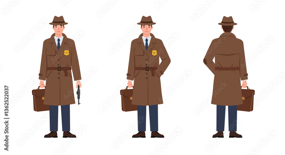 Poster detective character in various poses with flat design style vector illustration
