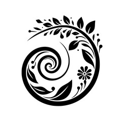 A minimalist circular design featuring a swirling floral motif, black and white illustration, leaves and spiraling elements with dots.