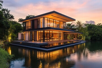 Obraz premium Modern TwoStory Villa with Infinity Pool, Lush Landscape, and Warm Interior Lights