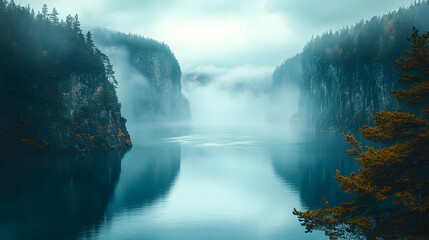 Fototapeta premium Foggy lake view amidst mountains and forest