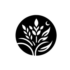 Elegant Monochrome Emblem: Botanical Illustration of Wheat Stalks, Leaves, and a Crescent Moon Within a Black Circle on White.
