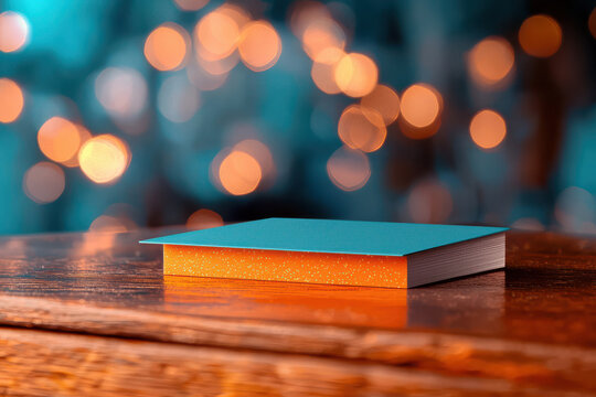 Closed book with glittering edges on wooden table with bokeh background