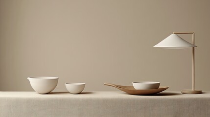 Serene Minimalist Tabletop Still Life with Ceramic Bowls and Wooden Lamp