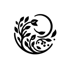 Elegant Black and White Botanical Motif: A Stylized Circle of Leaves, Berries, and Branches, Representing Nature's Harmony.