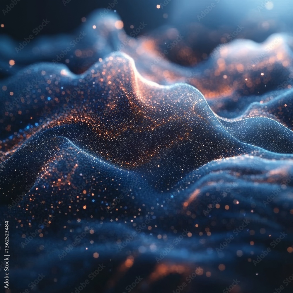 Poster abstract landscape of glowing particles: a dreamy view of a digital world