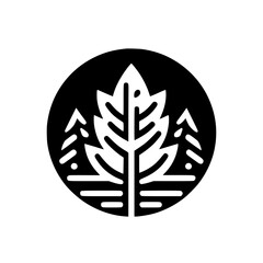 Minimalist Black and White Logo:  Stylized Nature Scene within a Circle Featuring a Central Leaf and Conifer Trees, Perfect for Environmental or Outdoor Brands.