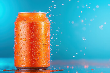 Vibrant orange soda can with water droplets against a blue background