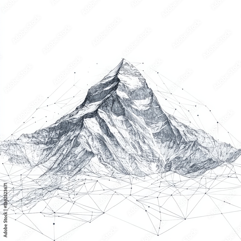 Poster abstract mountain peak: a digital topography of snow-capped peaks with wireframe geo-location networ