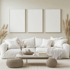 Minimalist living room with white sofa, pampas grass, and three blank frames.