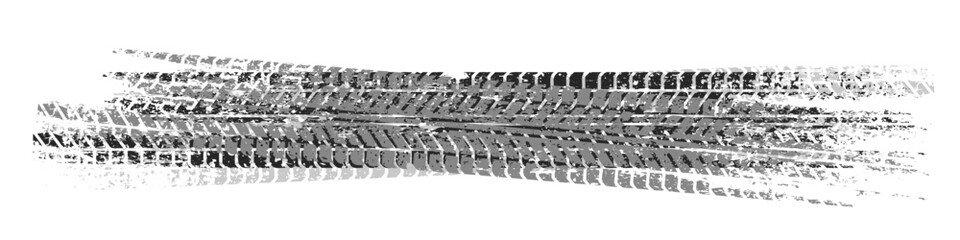 Fototapeta premium Grunge tire tracks with mud splatters, dirty wheel braking marks. Truck, car, or motorcycle tread pattern silhouettes. Perfect for off-road, motorsport, and racing designs. Vector illustration