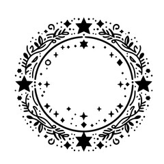 Intricate Black & White Circular Floral and Celestial Design, Featuring Stars, Dots, and Foliage, Perfect for a Decorative Frame or Emblem.