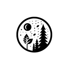A monochromatic nature emblem depicting a serene landscape, with stylized trees, crescent moon, and falling leaves, enclosed within a circular border.