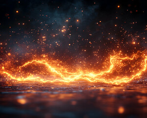 Firey scene with sparks and smoke against a black background with reflective surface