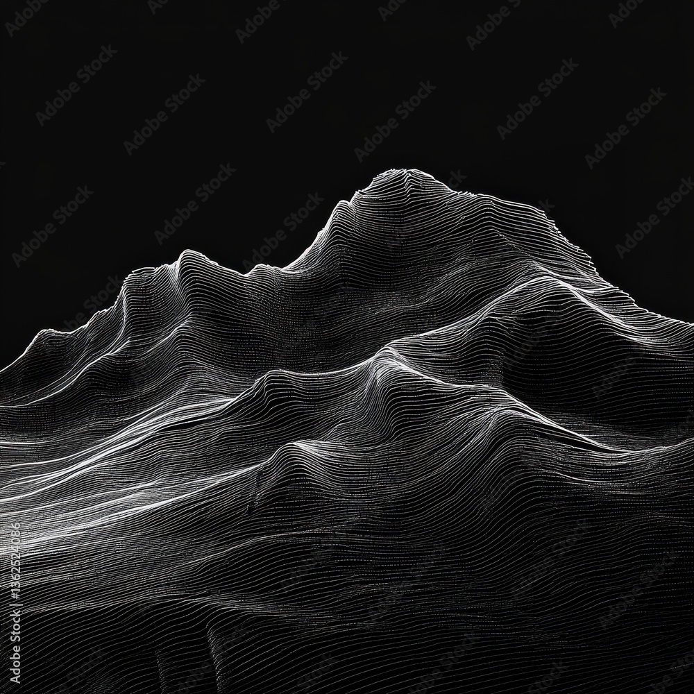 Poster abstract topographic landscape: draped lines on a black canvas depicting undulating hills and valley