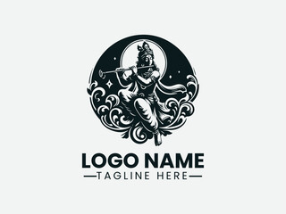 Krishna Playing Flute Hindu Deity Logo Design, Hindu God Krishna Flute Logo