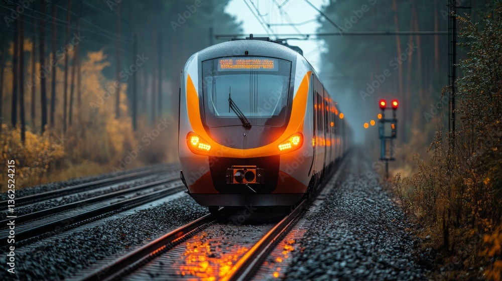 Leinwandbilder A sleek train glides along the tracks, approaching a railway checkpoint in a misty forest setting. The scene captures the integration of technology in transportation and security.