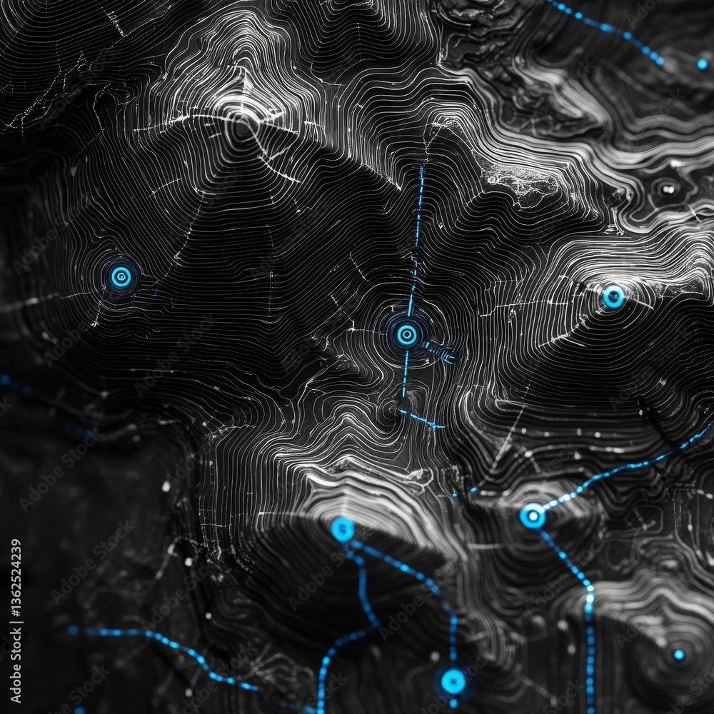 Leinwandbilder Abstract Topographic Map with Luminous Blue Pathways: A Blend of Data Visualization and Modern Design
