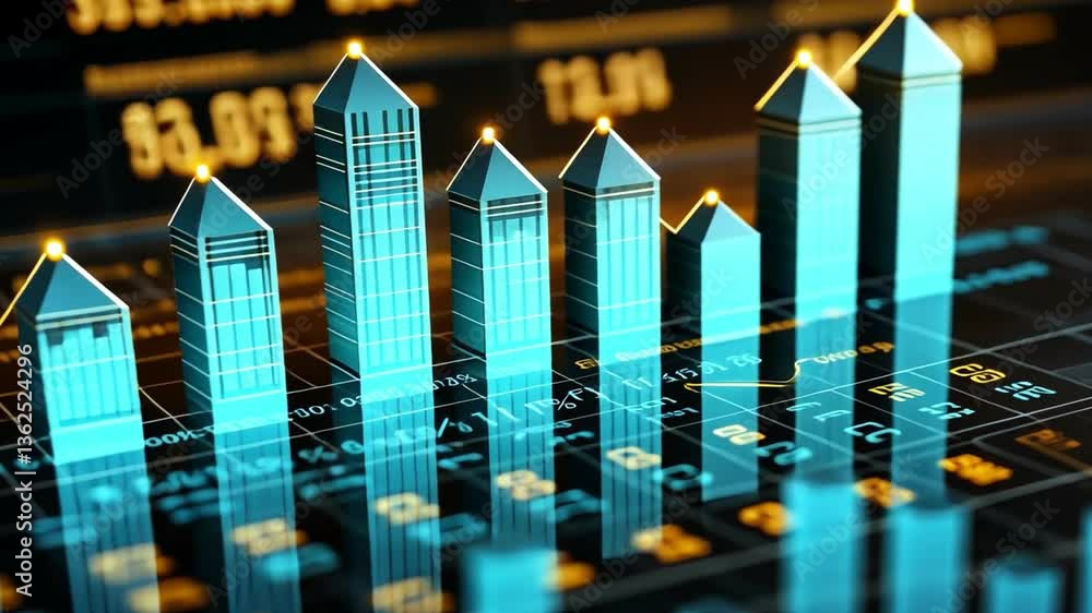 Poster futuristic financial data visualization showcasing glowing skyscrapers and bar graphs for growth and