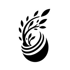 A stylized black and white illustration of a plant, its branches adorned with leaves, rising from a layered, curved form, representing growth.